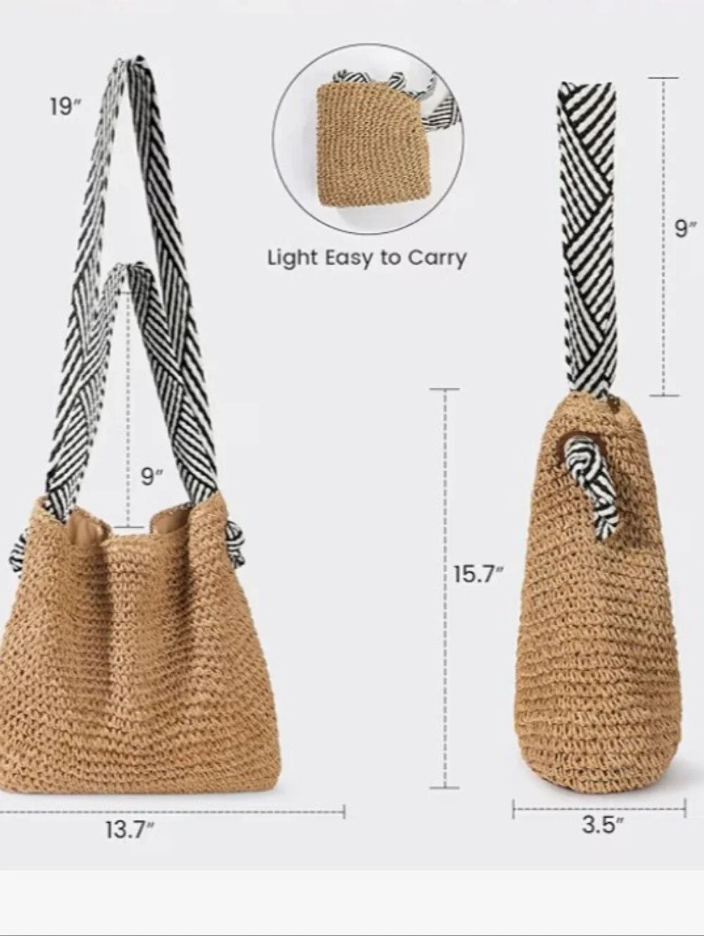 New Boho Handwoven Straw Large Tote  Shoulder Bag With Chevron Geometric Strap
